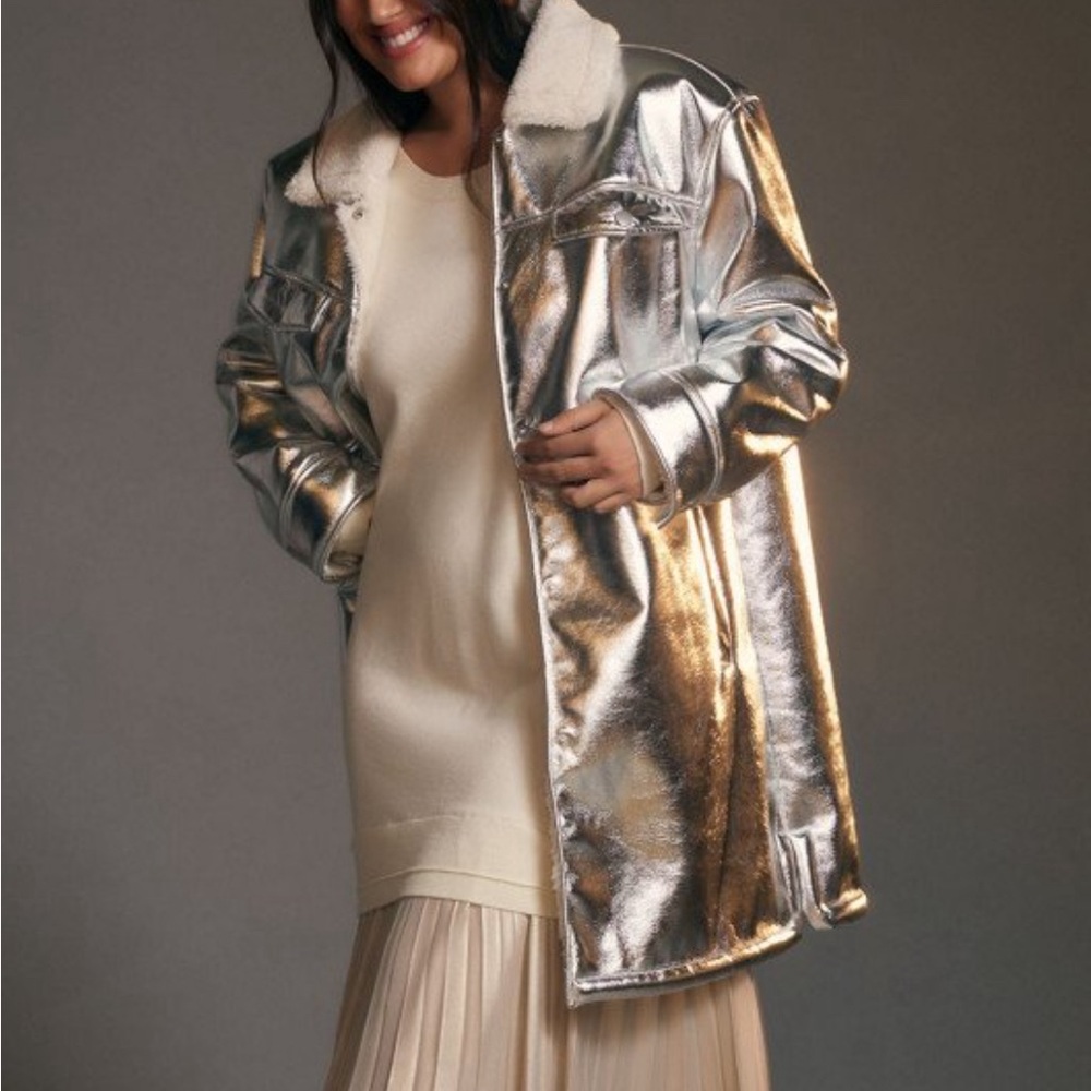 Avec Les Filles Sherpa Collar Metallic Long Coat